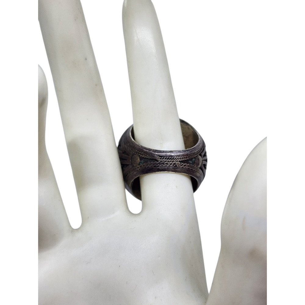 Vintage Ring Turkmen Silver Carved Turquoise Coral Inlay Sz 8.5 Arabic BIG - Picture 3 of 16